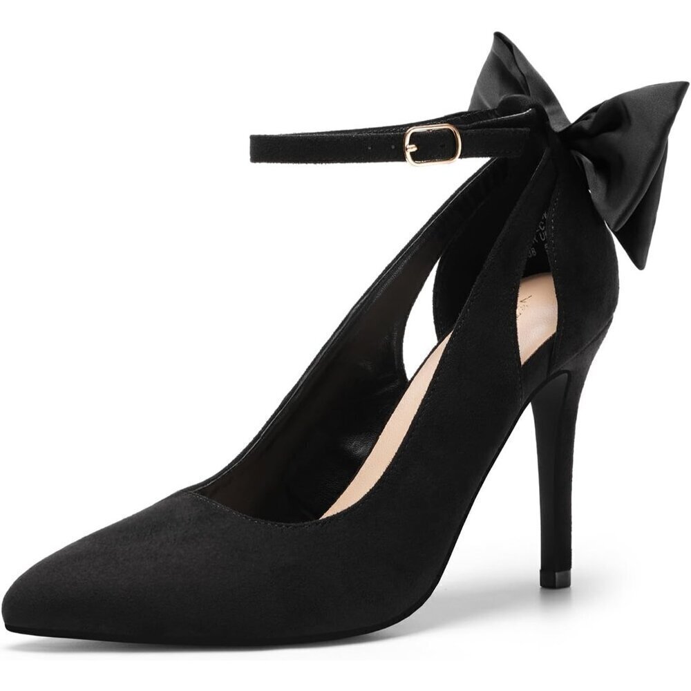 Dream Pair Women's Black-suede Faux Suede Strappy Pointed Toe Bow Shoes Pumps